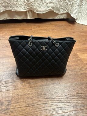 CHANEL Black Quilted Leather Tote with Chain Handles